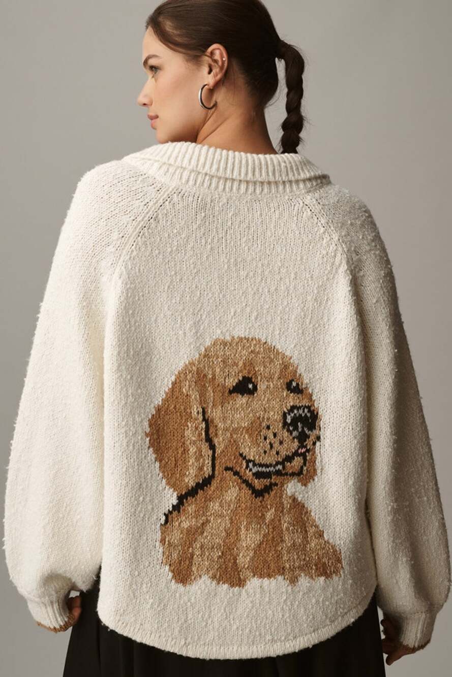 Anthropologie Pilcro Jesse Dog Golden Retriever Icon Collar Cardigan Sweater L
